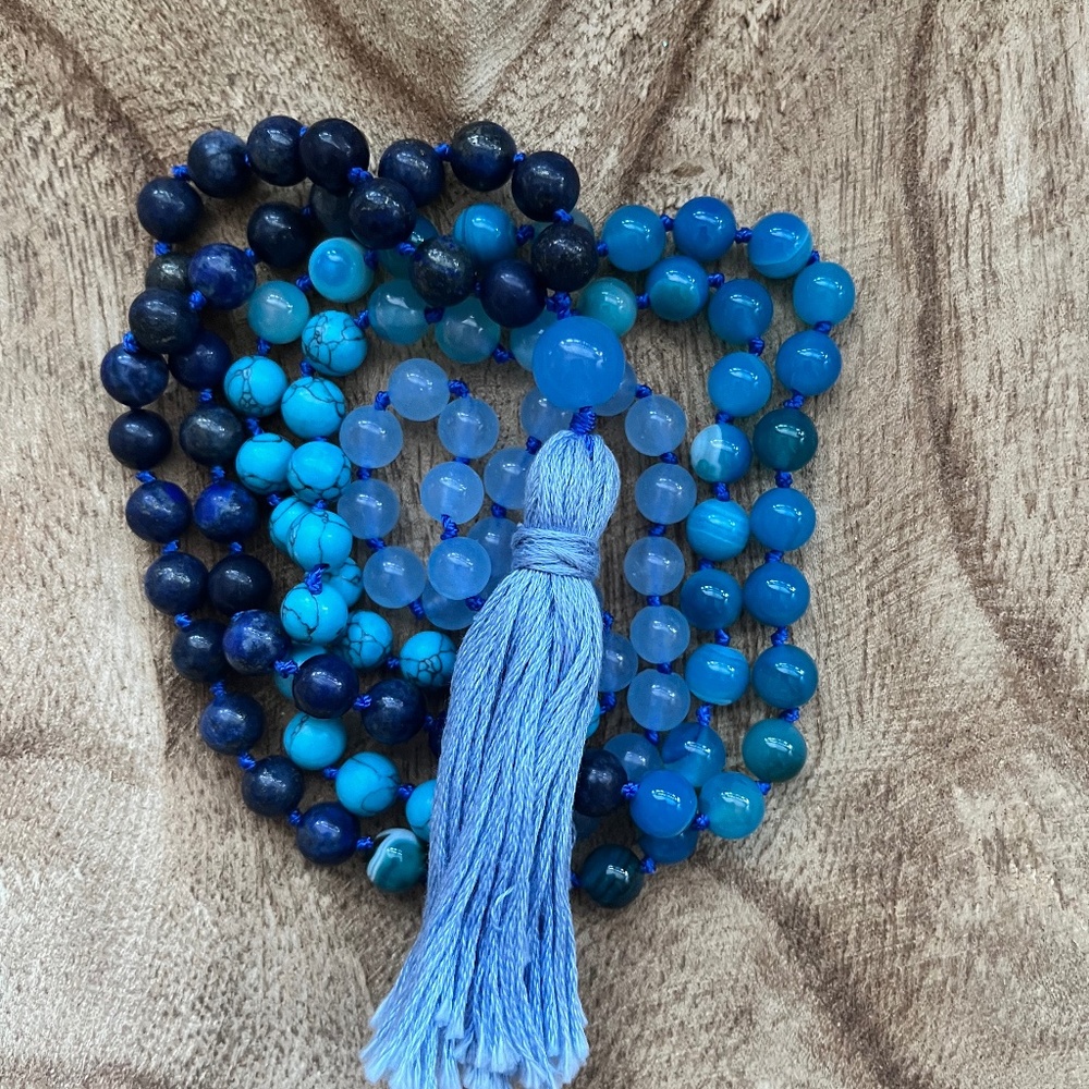 108 bead turquoise, glass and lapis mala